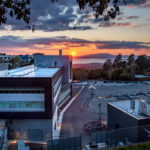 Aerial view of Integrated Genomics Building at sunset